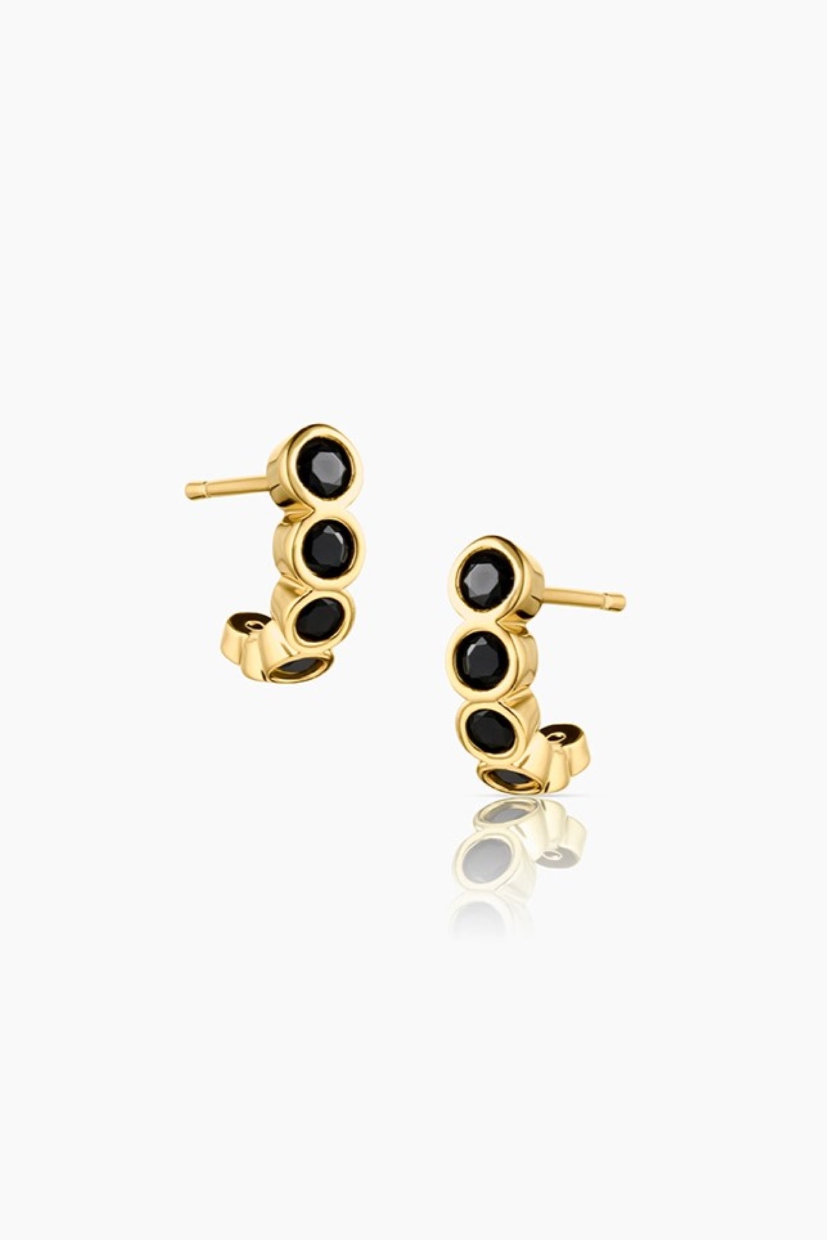 ASTRID BLACK HOOP EARRINGS BY THATCH feature three black circular stones each.-38571100930241