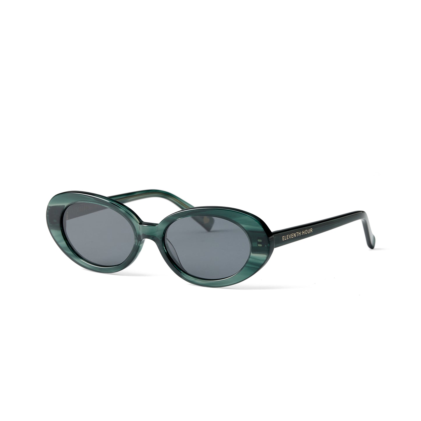 Chic green oval sunglasses with dark lenses, branded with "Eleventh Hour" on the temple, named SIEMPRE SUNGLASSES BY ELEVENTH HOUR.-38565452906689
