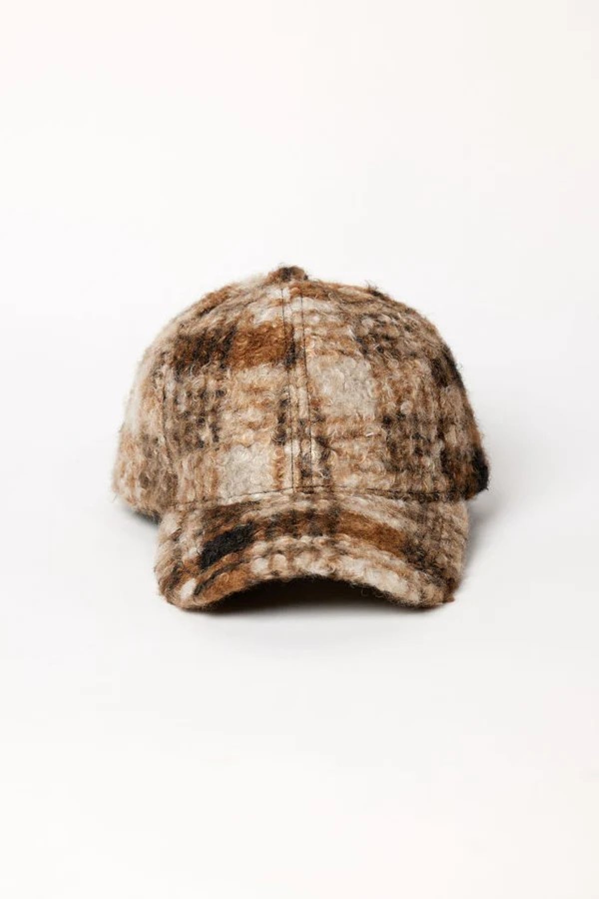 The SHERPA CAP by Velvet by Graham & Spencer features a brown and beige plaid wool design with faux-sherpa lining, perfect for cold-weather days, shown on a plain white background.-40100099195073