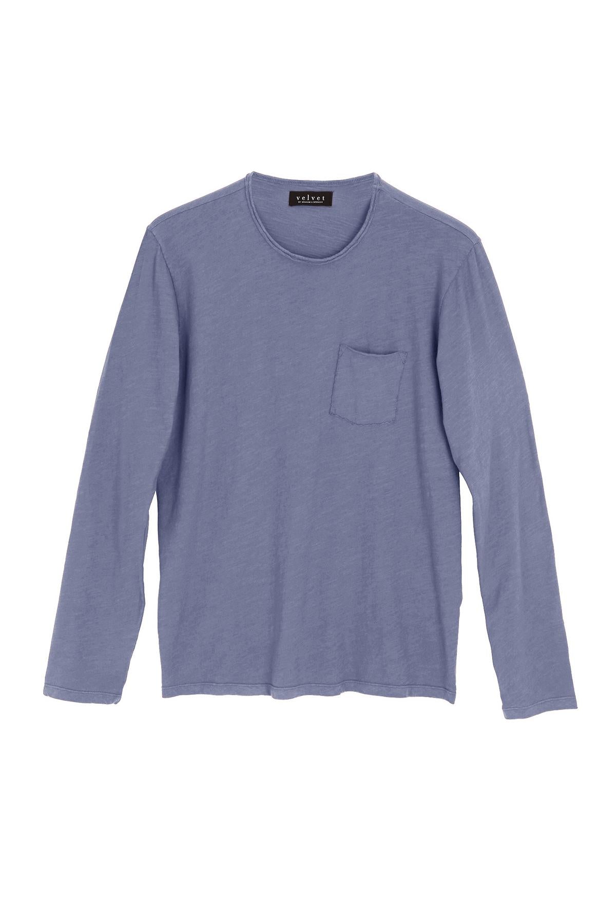 A long-sleeved, light blue Velvet by Graham & Spencer SIMEON TEE crafted from soft slub cotton with raw-edge details and a small pocket on the left chest, displayed against a plain white background.-36443132428481