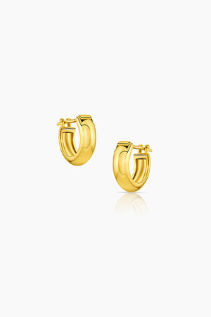 A pair of Thatch yellow gold hoop earrings named VINCE HUGGIE HOOPS.