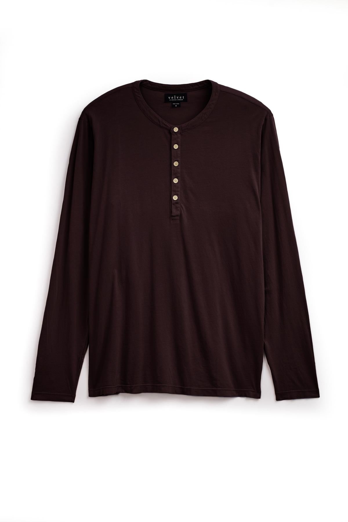 A long-sleeve, dark brown lightweight ALVARO HENLEY by Velvet by Graham & Spencer with a whisper knit texture, featuring a round neck and a five-button placket, displayed against a plain white background.