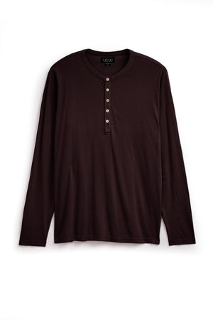A long-sleeve, dark brown lightweight ALVARO HENLEY by Velvet by Graham & Spencer with a whisper knit texture, featuring a round neck and a five-button placket, displayed against a plain white background.