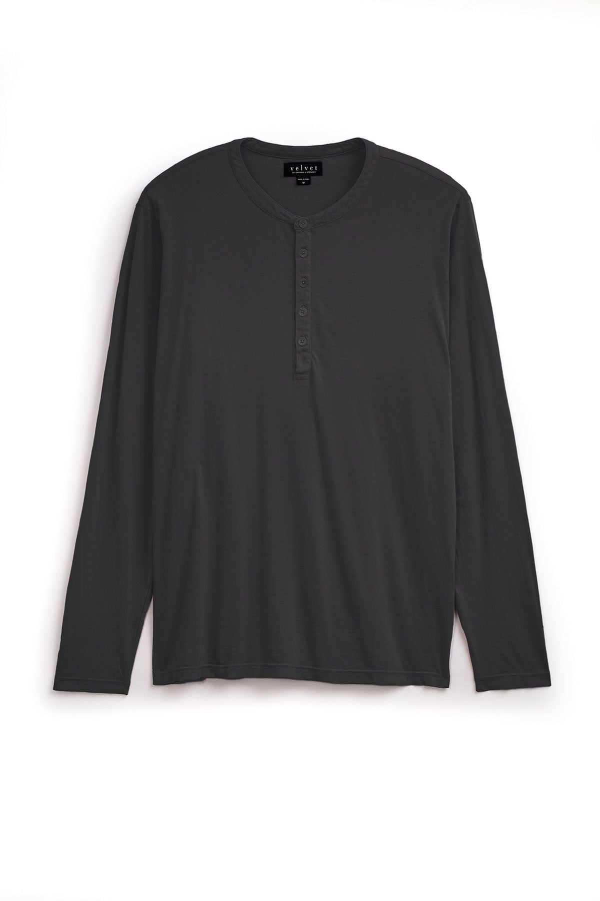 The ALVARO HENLEY by Velvet by Graham & Spencer is a black long-sleeve shirt made from soft Pima jersey, featuring a buttoned placket, shown on a white background and ideal for versatile layering.-39026034081985