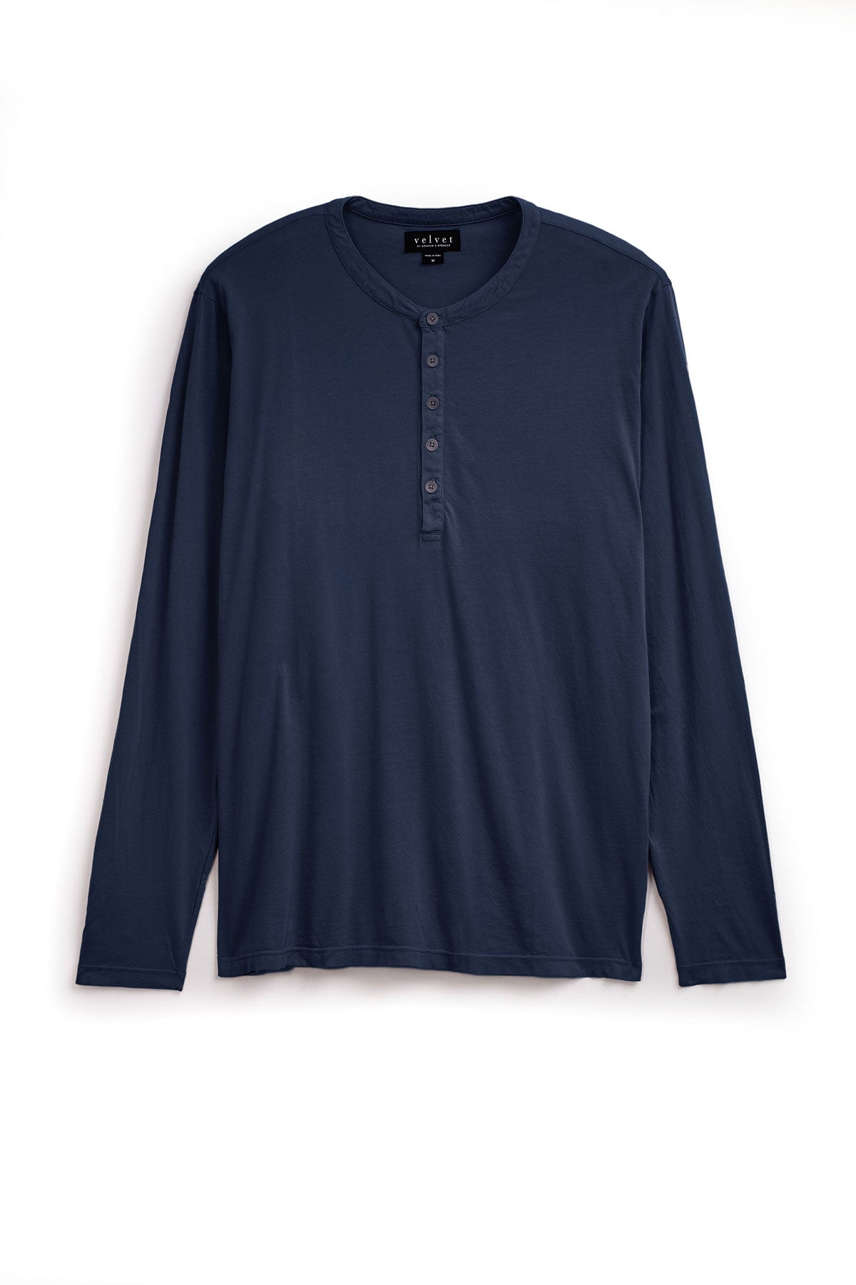 The ALVARO HENLEY by Velvet by Graham & Spencer is a lightweight dark blue long-sleeve shirt made from Pima jersey, featuring a buttoned placket, displayed laid flat on a white background.-39026034114753