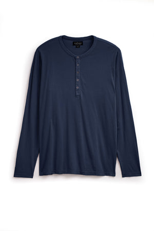 The ALVARO HENLEY by Velvet by Graham & Spencer is a lightweight dark blue long-sleeve shirt made from Pima jersey, featuring a buttoned placket, displayed laid flat on a white background.