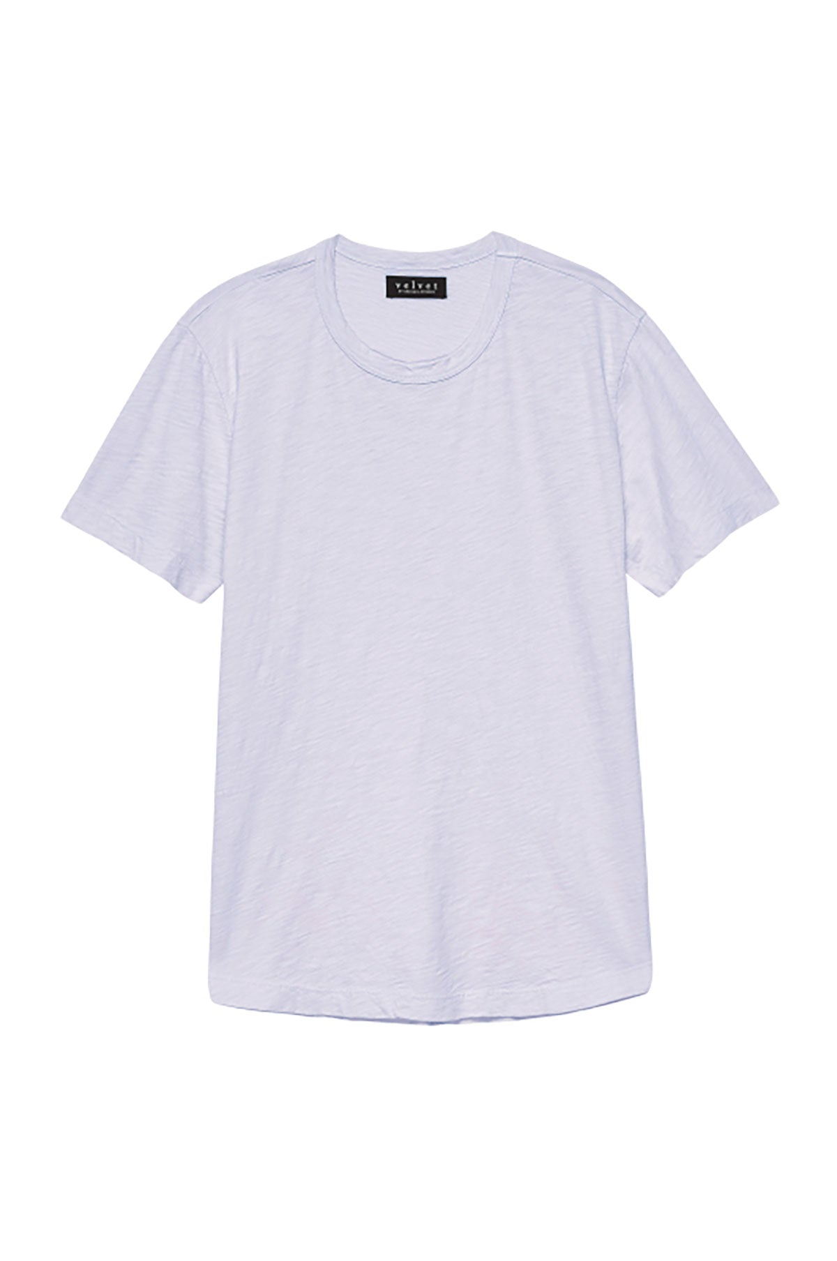 The AMARO TEE by Velvet by Graham & Spencer is a light purple, short-sleeve crewneck made from lightweight cotton and shown laid flat on a white background—ideal for layering.