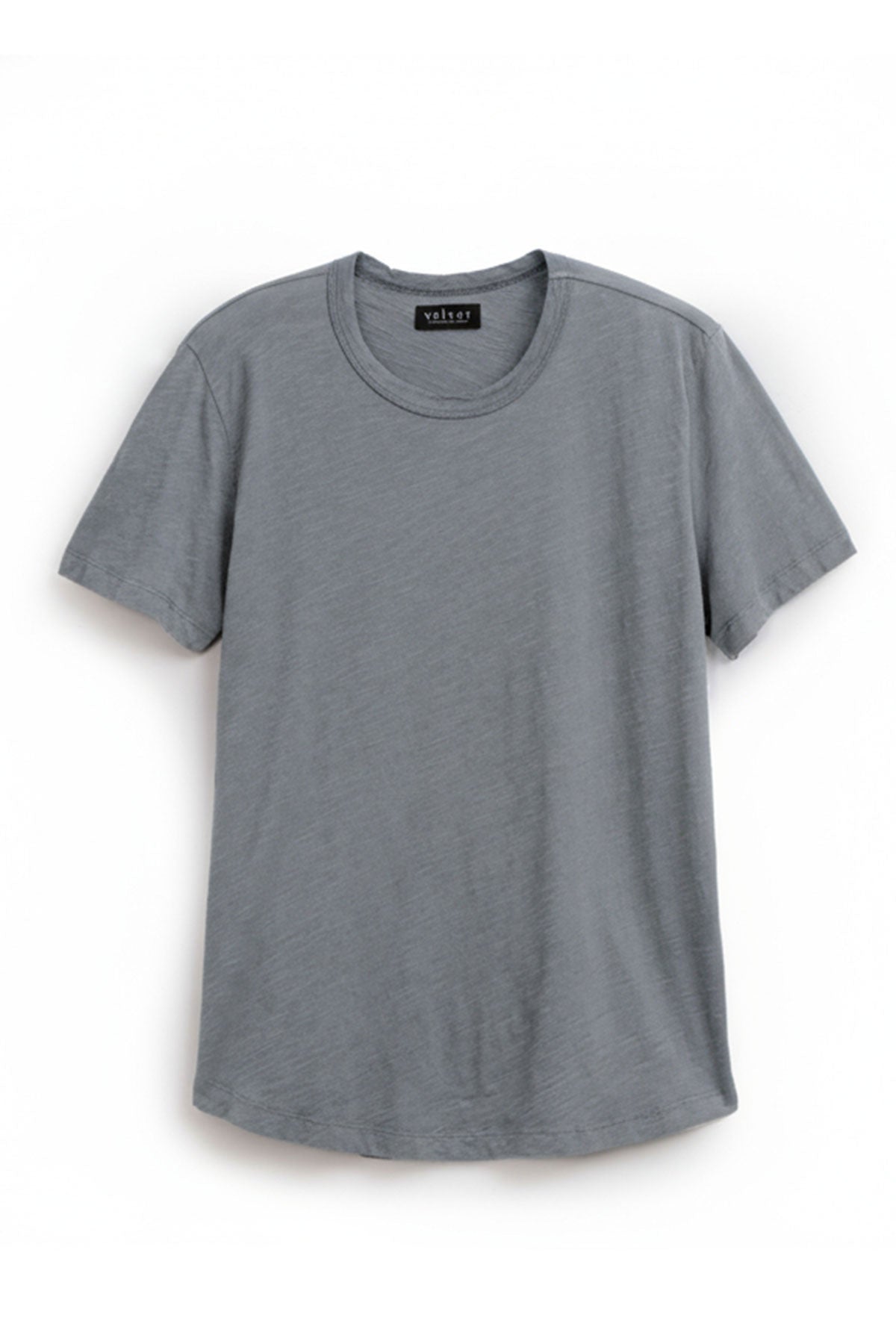 The AMARO TEE by Velvet by Graham & Spencer is a soft Peruvian cotton, gray, short-sleeve crew neck t-shirt—shown laid flat on white—ideal as a versatile layering piece.