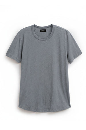 The AMARO TEE by Velvet by Graham & Spencer is a soft Peruvian cotton, gray, short-sleeve crew neck t-shirt—shown laid flat on white—ideal as a versatile layering piece.