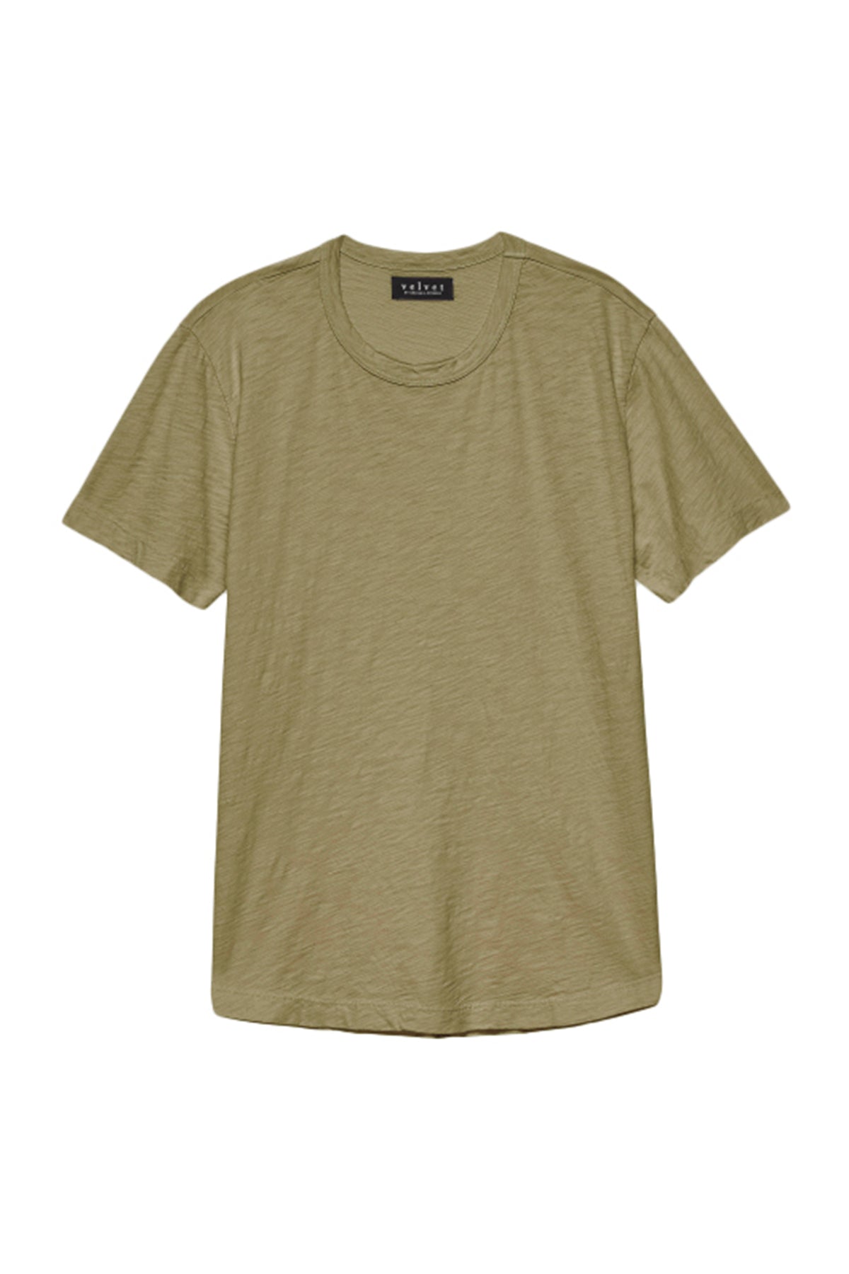 The AMARO TEE by Velvet by Graham & Spencer is a plain, short-sleeve olive green top made from soft Peruvian cotton with a classic crew neckline, shown laid flat on a white background—ideal for layering.