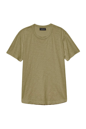 The AMARO TEE by Velvet by Graham & Spencer is a plain, short-sleeve olive green top made from soft Peruvian cotton with a classic crew neckline, shown laid flat on a white background—ideal for layering.