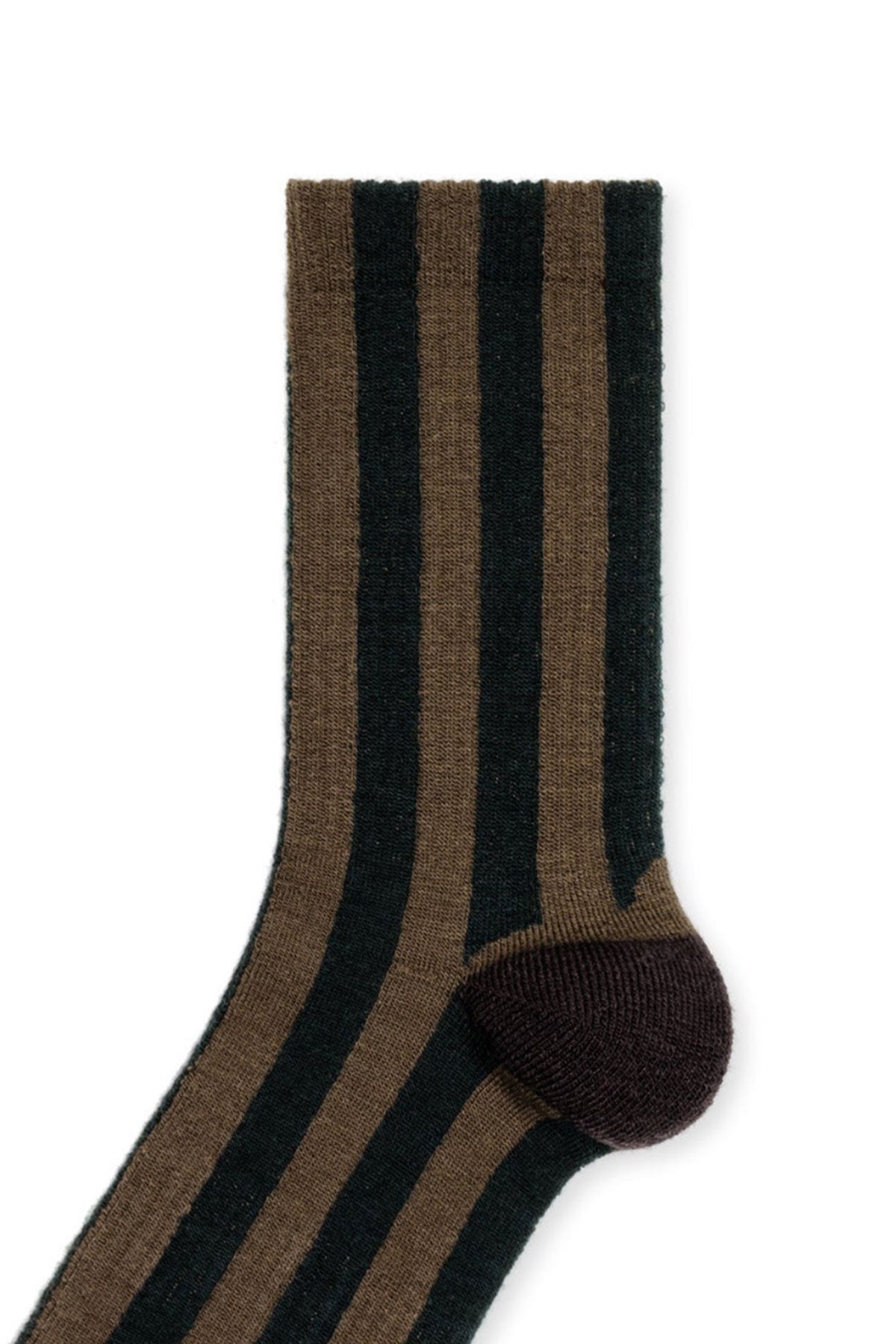 Close-up of the Buren Wool Sporty Crew Socks by Hansel From Basel with vertical dark green and brown stripes, featuring a dark brown heel and toe, showcasing their unique designs.-35711028625601