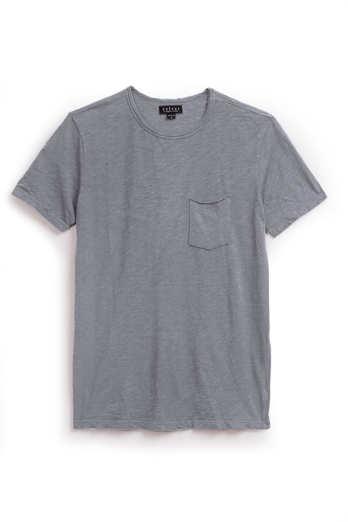 The CHAD TEE by Velvet by Graham & Spencer is a plain gray short-sleeve t-shirt featuring a classic crew neckline and chest patch pocket, shown on a white background.-40147731906753