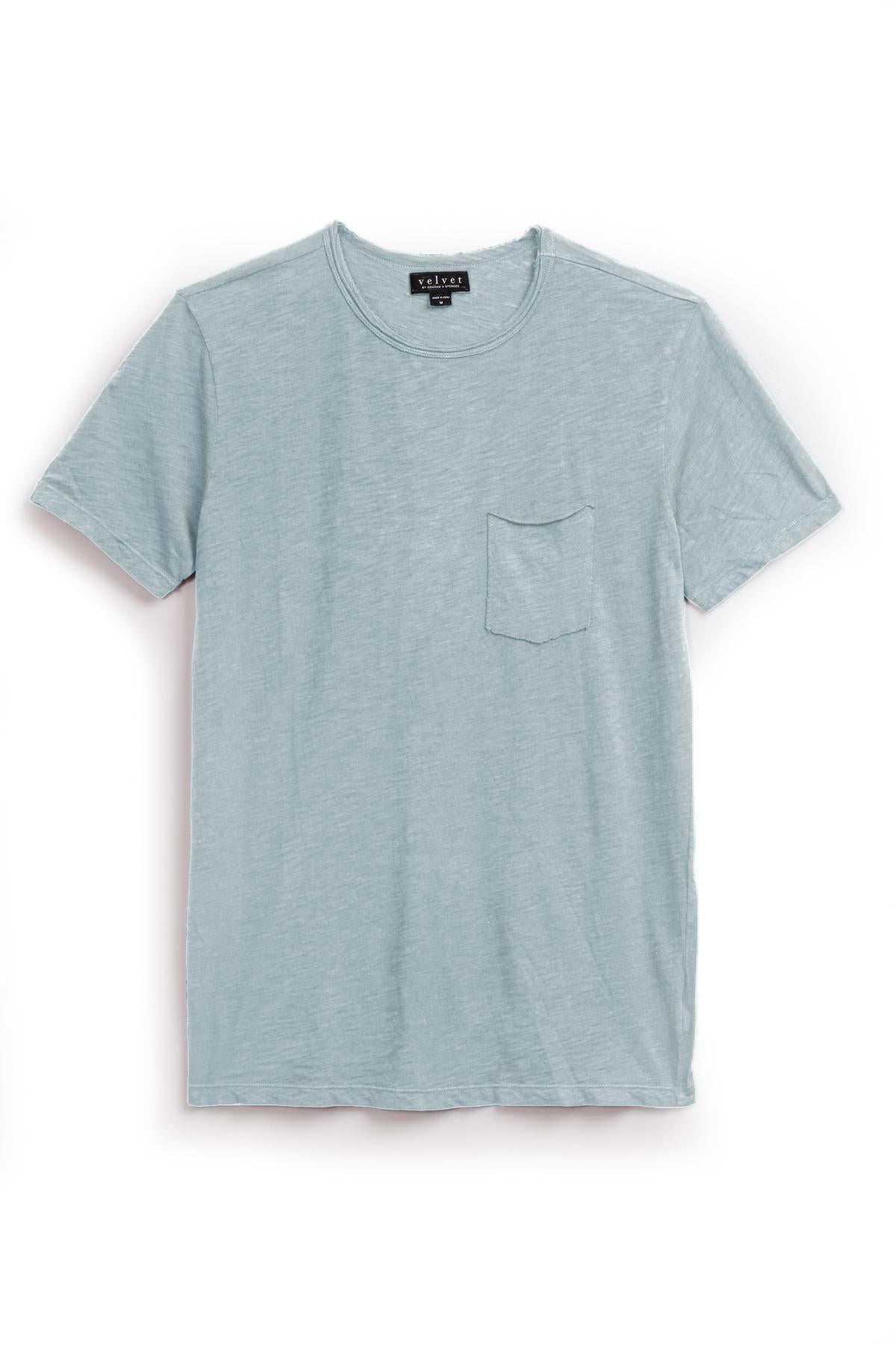 A light blue short-sleeve CHAD TEE with a classic crew neckline and single chest pocket, crafted from textured cotton slub and displayed against a white background by Velvet by Graham & Spencer.-37386059710657