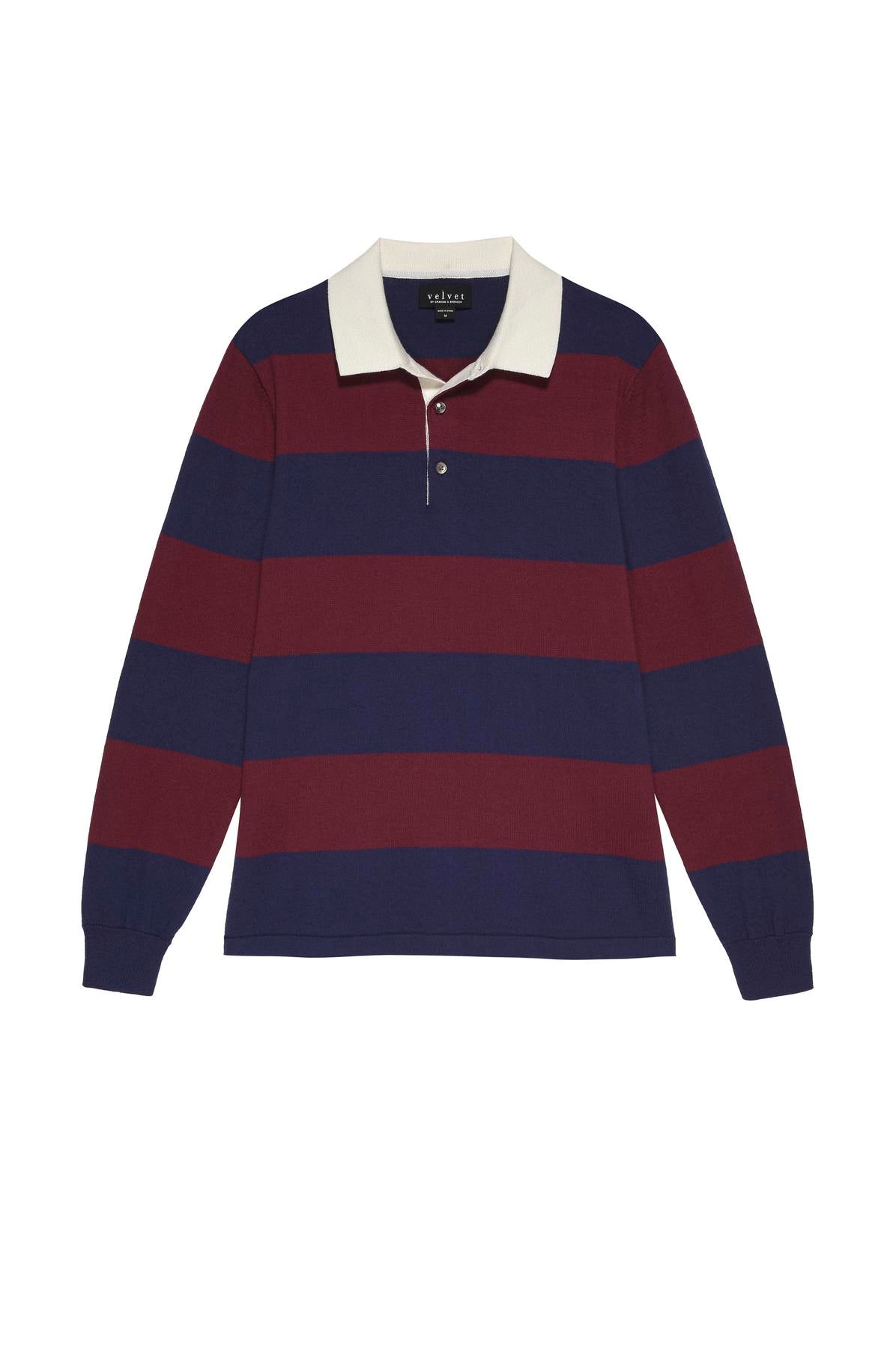 The HASTINGS STRIPED SWEATER POLO by Velvet by Graham & Spencer is a long-sleeve rugby-style polo sweater featuring horizontal navy and red stripes, a white collar, and a three-button placket, crafted from a luxurious cotton-cashmere blend.-26768020308161