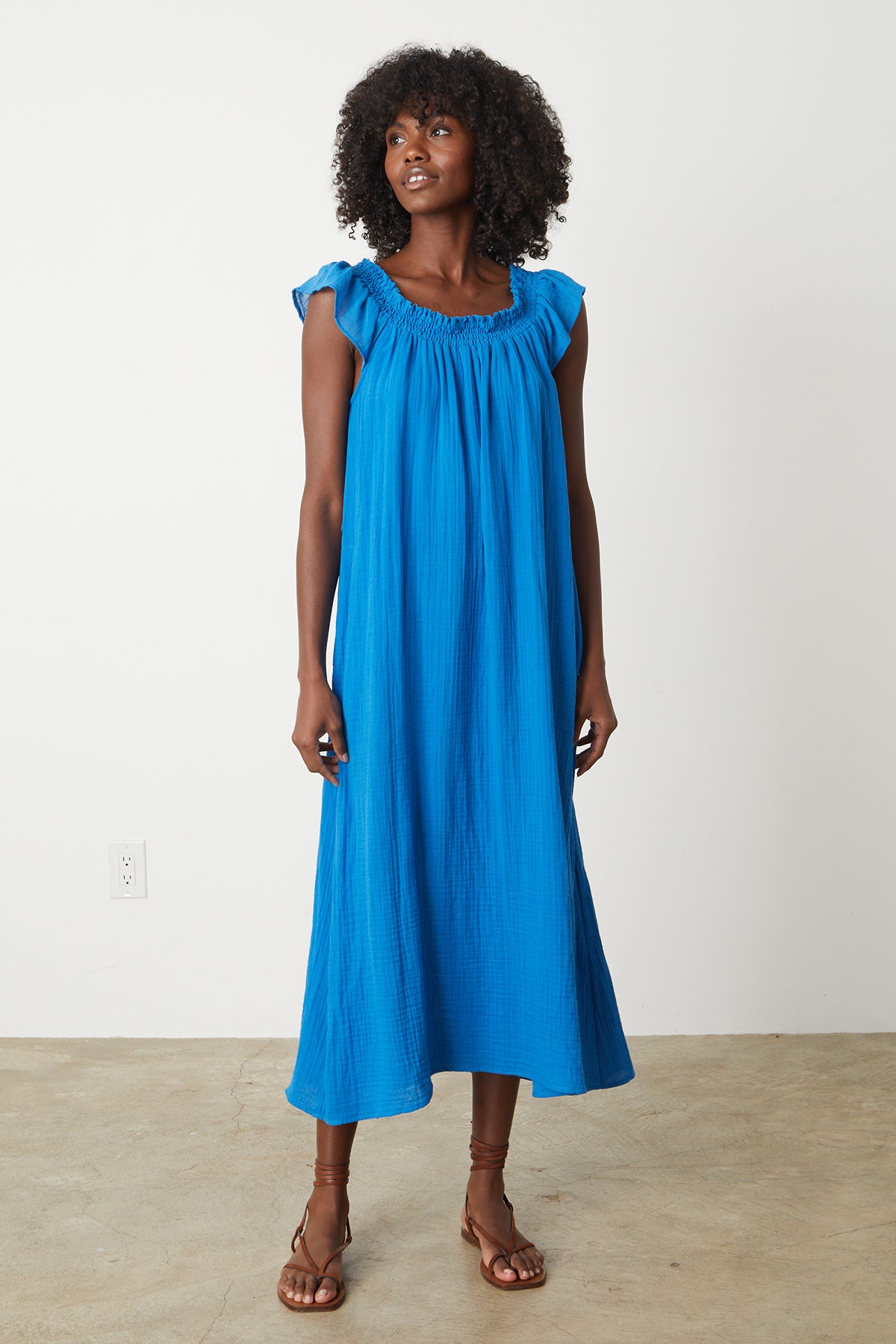 the JUSTINE COTTON GAUZE MIDI DRESS in cobalt blue by Velvet by Graham & Spencer.-26342712967361