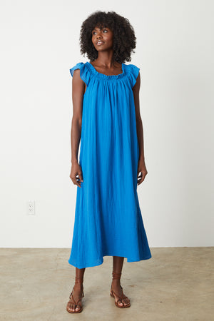 the JUSTINE COTTON GAUZE MIDI DRESS in cobalt blue by Velvet by Graham & Spencer.