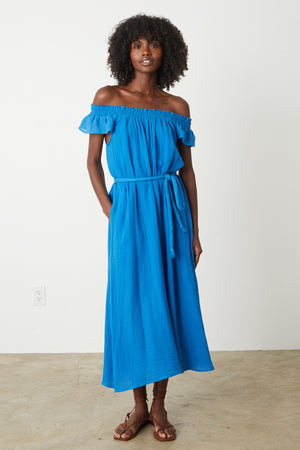 off the shoulder JUSTINE COTTON GAUZE MIDI DRESS in cobalt blue by Velvet by Graham & Spencer.