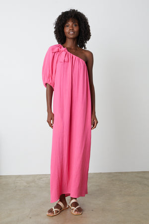 A woman wearing a Velvet by Graham & Spencer LAUREN COTTON GAUZE MAXI DRESS.