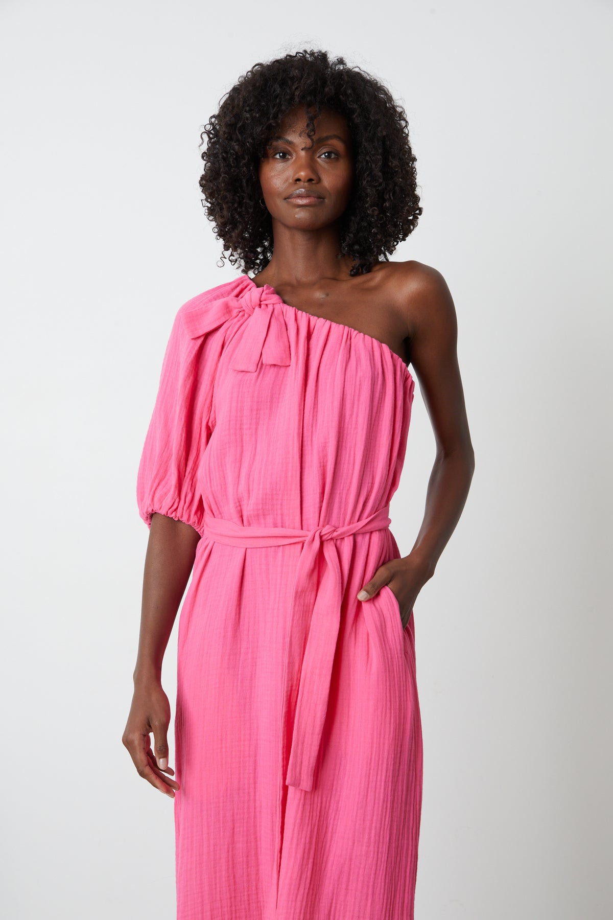 A model wearing a Velvet by Graham & Spencer LAUREN COTTON GAUZE MAXI DRESS.