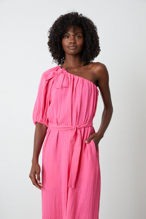 A model wearing a Velvet by Graham & Spencer LAUREN COTTON GAUZE MAXI DRESS.