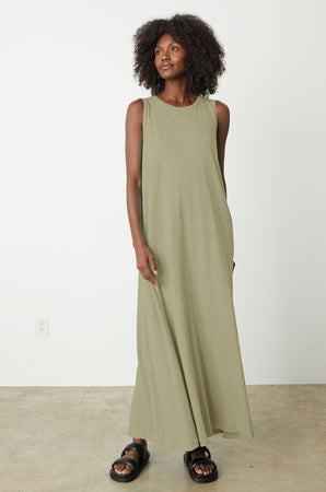 The EDITH sleeveless maxi dress in sage green by Velvet by Graham & Spencer.