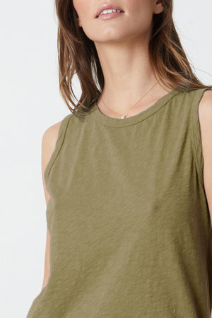 The TAURUS COTTON SLUB TANK in olive green is sleeveless and made from cotton slub by Velvet by Graham & Spencer.