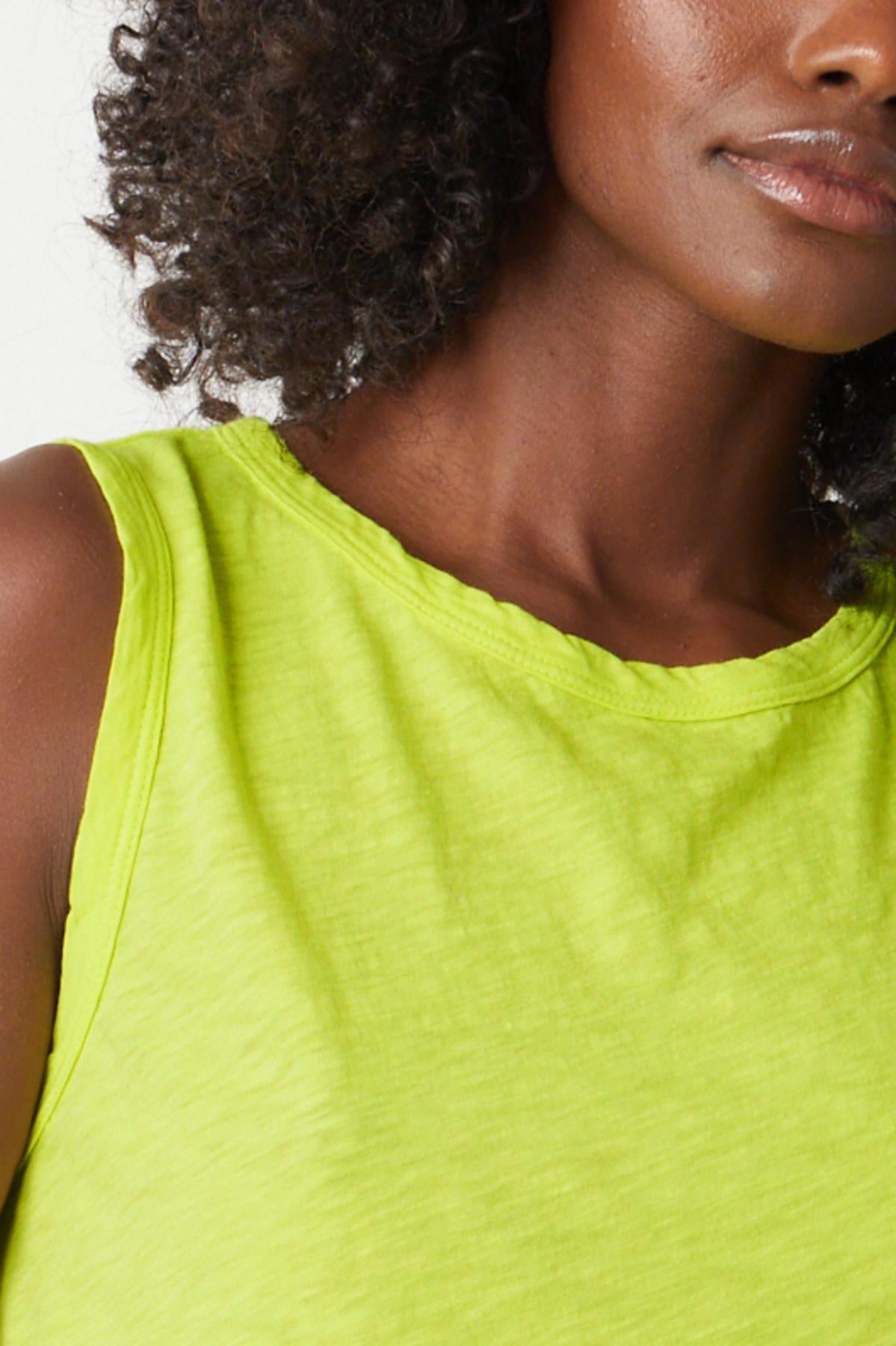 close up of woman wearing a Velvet by Graham & Spencer TAURUS COTTON SLUB TANK.