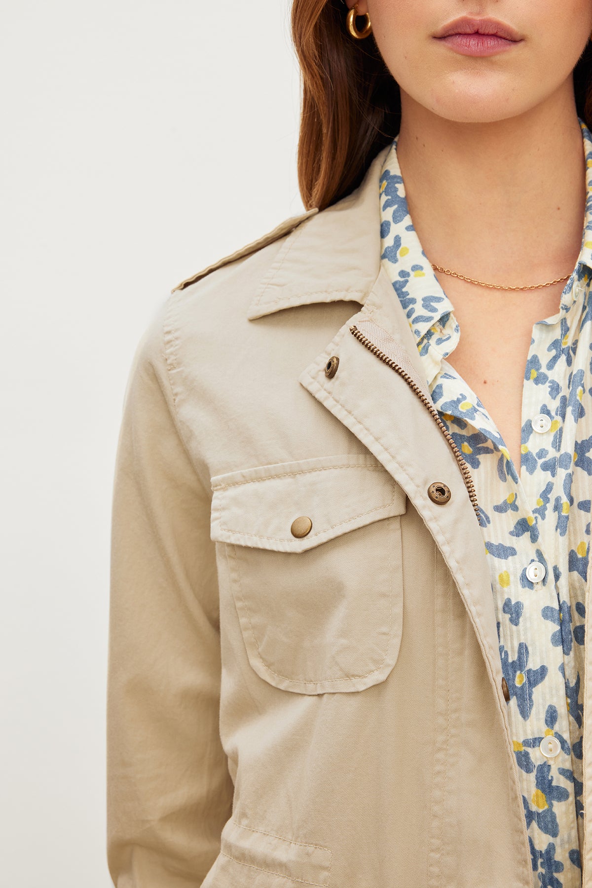 A woman wearing a Velvet by Graham & Spencer RUBY LIGHT-WEIGHT ARMY JACKET.-35967534039233