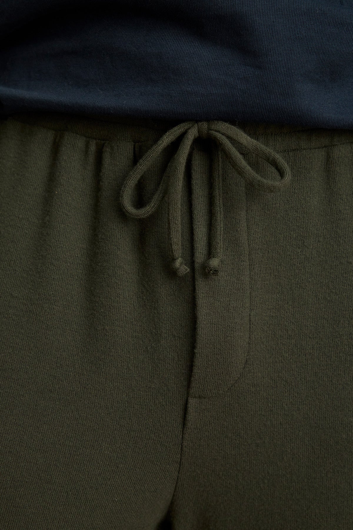 Close-up of a person wearing the ZEALAND SWEATPANT by Velvet by Graham & Spencer in olive green, featuring an elasticized drawstring waist and soft jersey texture, paired with a dark blue shirt.-40276955365569