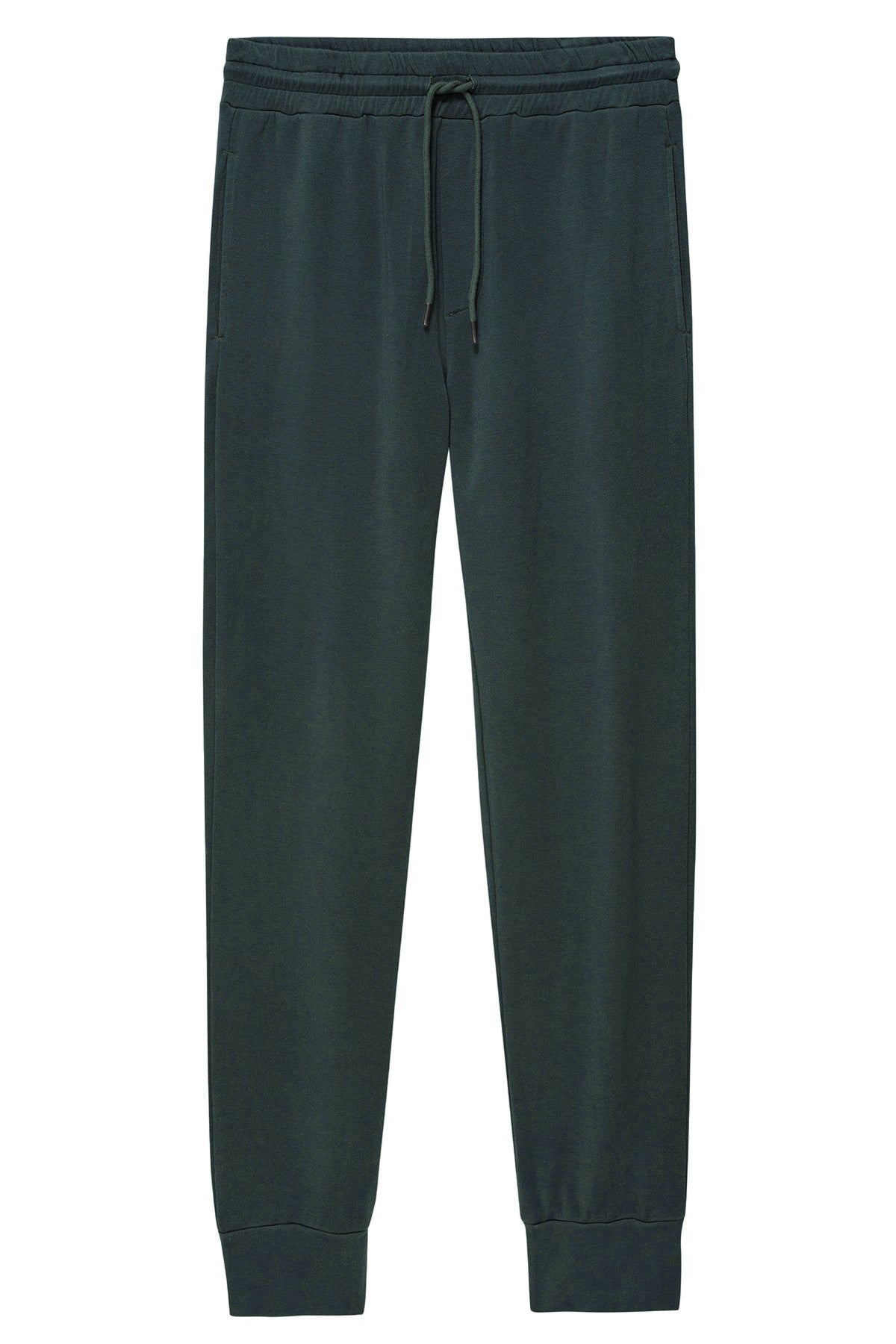 The CROSBY JOGGER by Velvet by Graham & Spencer features a dark green hue, drawstring waistband, side pockets, and ribbed cuffs, shown against a white background.