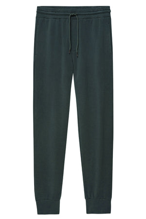 The CROSBY JOGGER by Velvet by Graham & Spencer features a dark green hue, drawstring waistband, side pockets, and ribbed cuffs, shown against a white background.