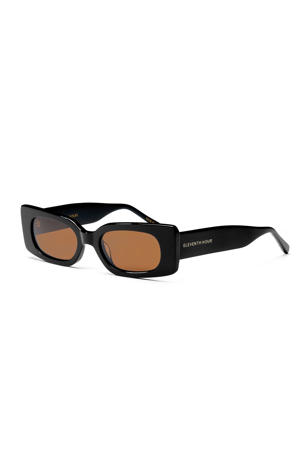 Black rectangular CARLI SLIM SUNGLASSES BY ELEVENTH HOUR with brown lenses and the branding