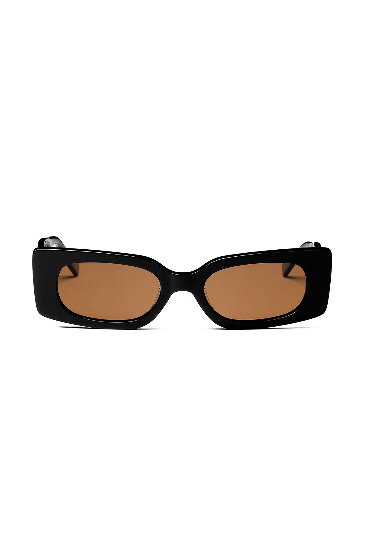 Rectangular black CARLI SLIM SUNGLASSES BY ELEVENTH HOUR with brown lenses, viewed from the front against a plain white background.