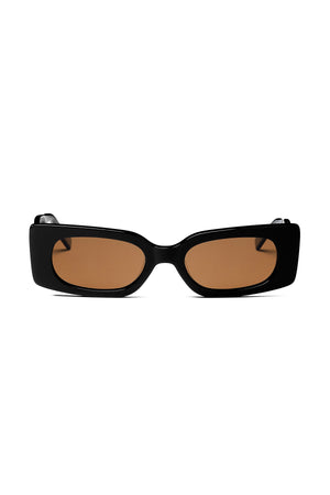 Rectangular black CARLI SLIM SUNGLASSES BY ELEVENTH HOUR with brown lenses, viewed from the front against a plain white background.