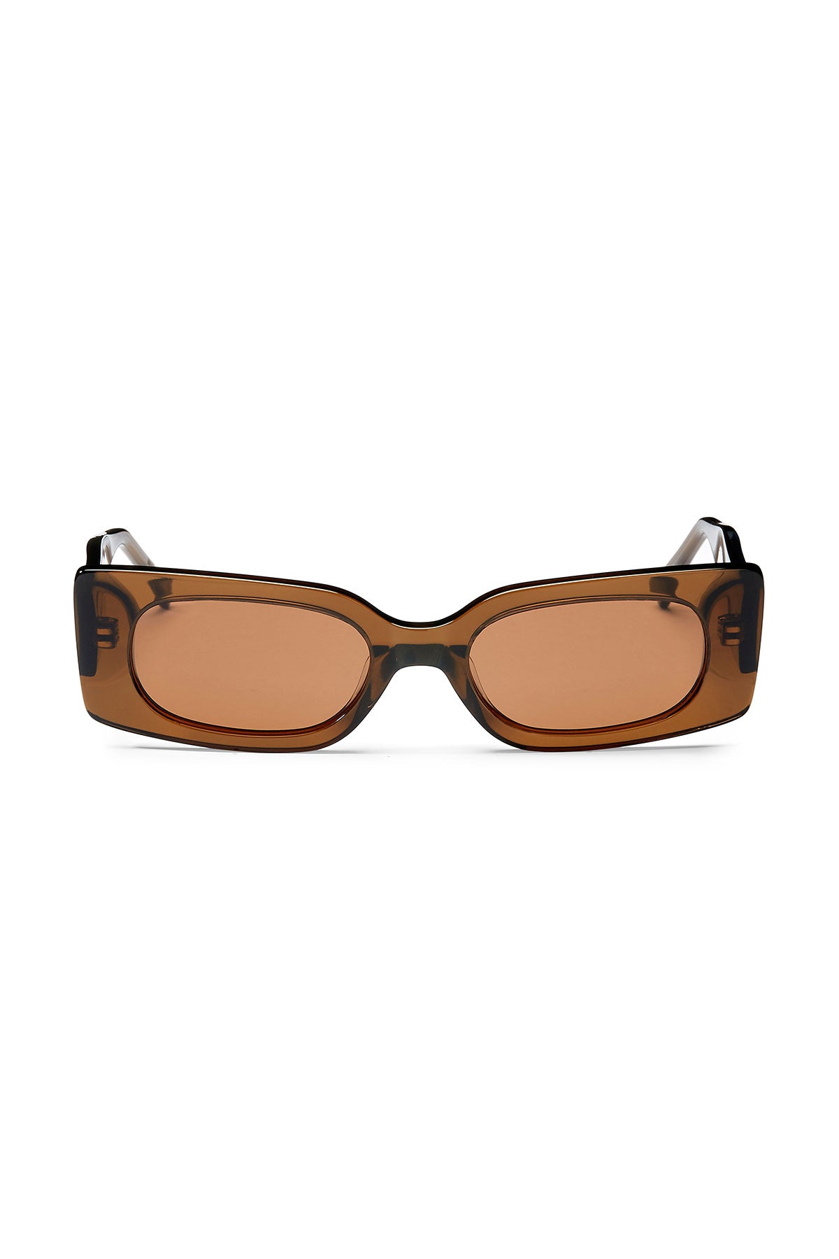 Rectangular, brown-tinted CARLI SLIM SUNGLASSES BY ELEVENTH HOUR with black frames, viewed from the front.-37468445999297