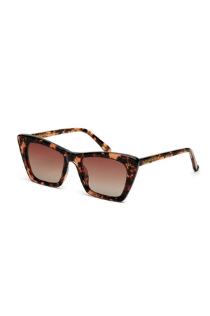 Rectangular ESSENTIAL CLASSIC SUNGLASSES BY ELEVENTH HOUR with leopard-print frames and gradient brown lenses, featuring gold Eleventh Hour lettering on the temples.