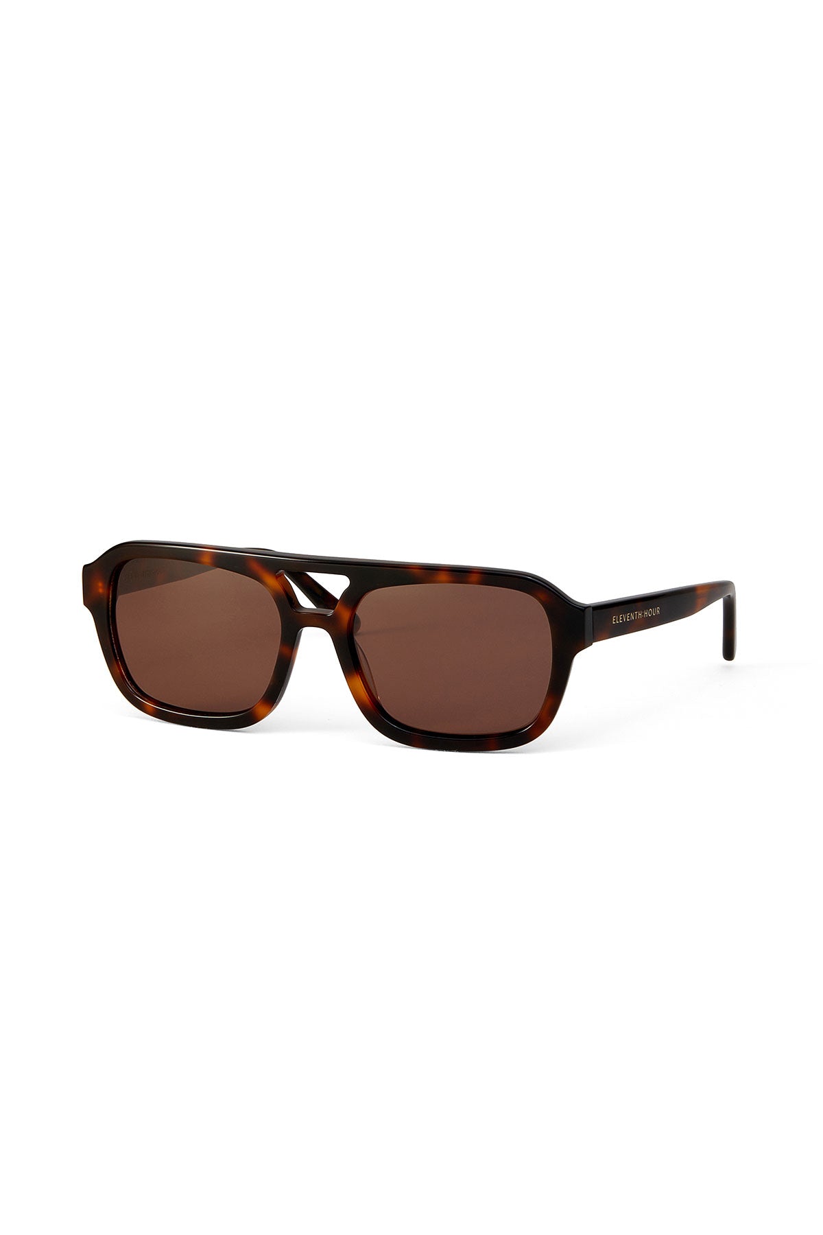 Rectangular, brown-tinted LATE CHECKOUT SUNGLASSES BY ELEVENTH HOUR with a tortoise shell frame against a white background.-37468478570689