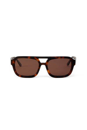 LATE CHECKOUT SUNGLASSES BY ELEVENTH HOUR tortoise shell rectangular sunglasses with dark lenses, featuring a double bridge and thin black arms.