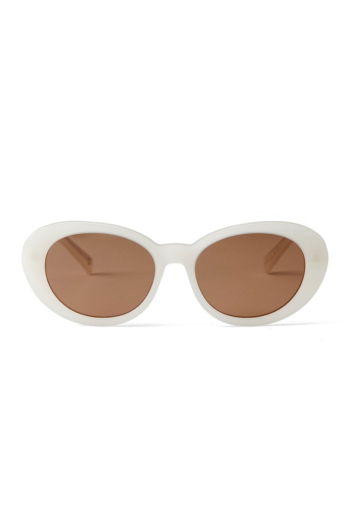 The DOLCE SUNGLASSES BY ELEVENTH HOUR from Eleventh Hour feature white oval frames and brown lenses, displayed against a plain white background.-39219256590529