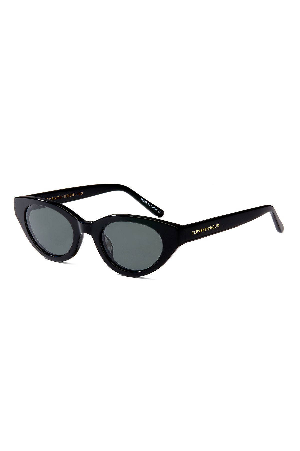 GIRLS TRIP cat-eye sunglasses by Eleventh Hour featuring dark lenses and "ELEVENTH HOUR" in gold on the arms, displayed on a white background.-39219259211969