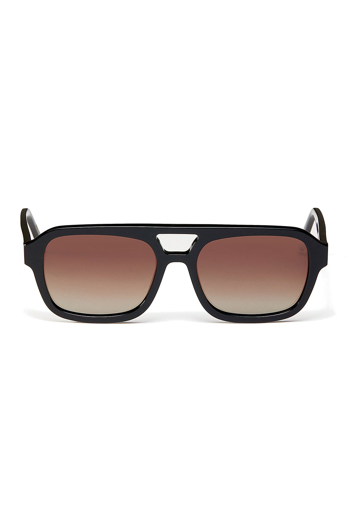 The LATE CHECKOUT SUNGLASSES BY ELEVENTH HOUR from Eleventh Hour feature high-quality rectangular black frames with brown gradient lenses, shown from the front against a white background.-39293551182017