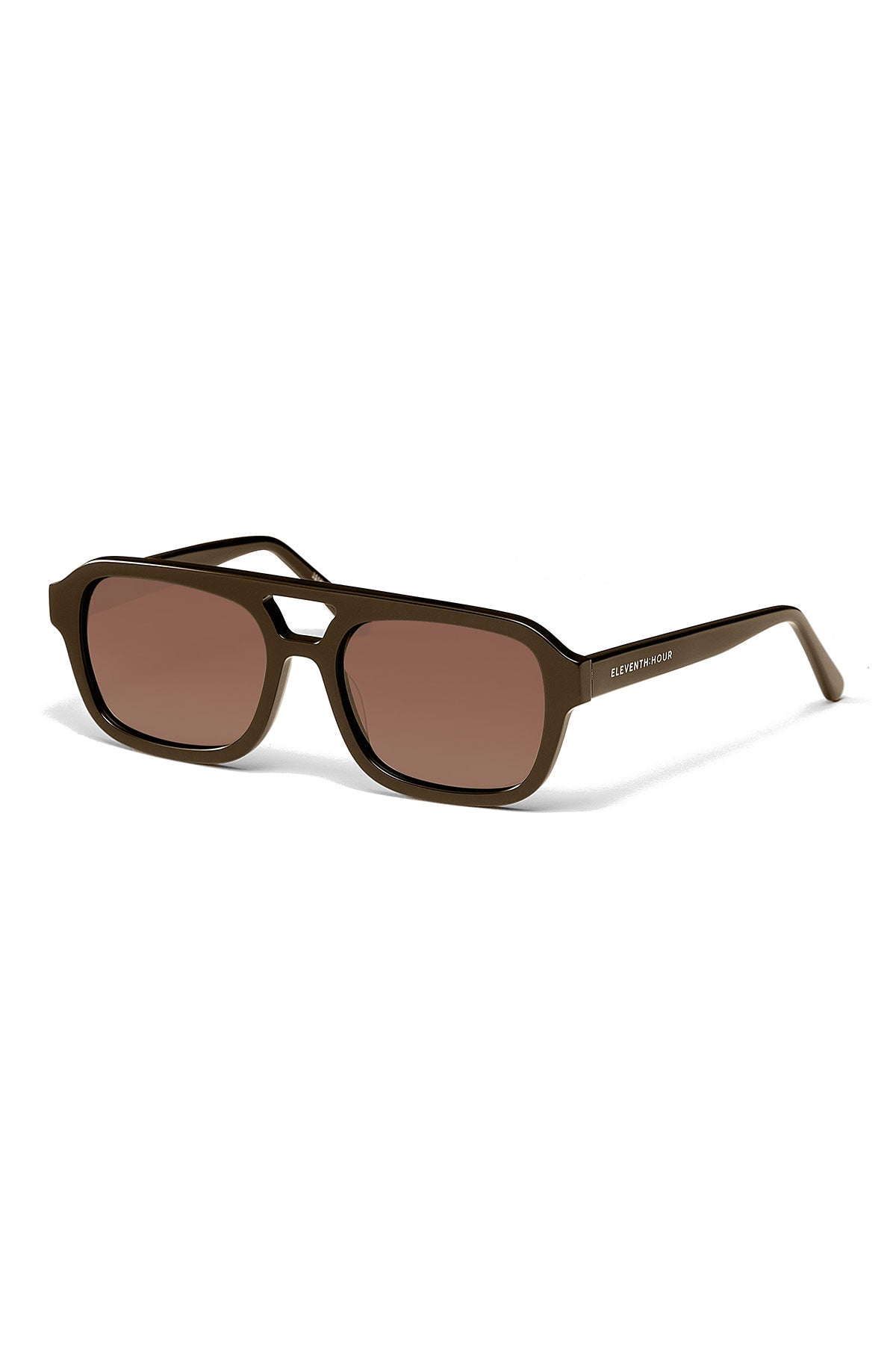 The LATE CHECKOUT SUNGLASSES BY ELEVENTH HOUR feature affordable brown rectangular frames, dark lenses, and straight arms—ideal for those seeking quality and style from Eleventh Hour. Displayed on a white background.-39293551313089