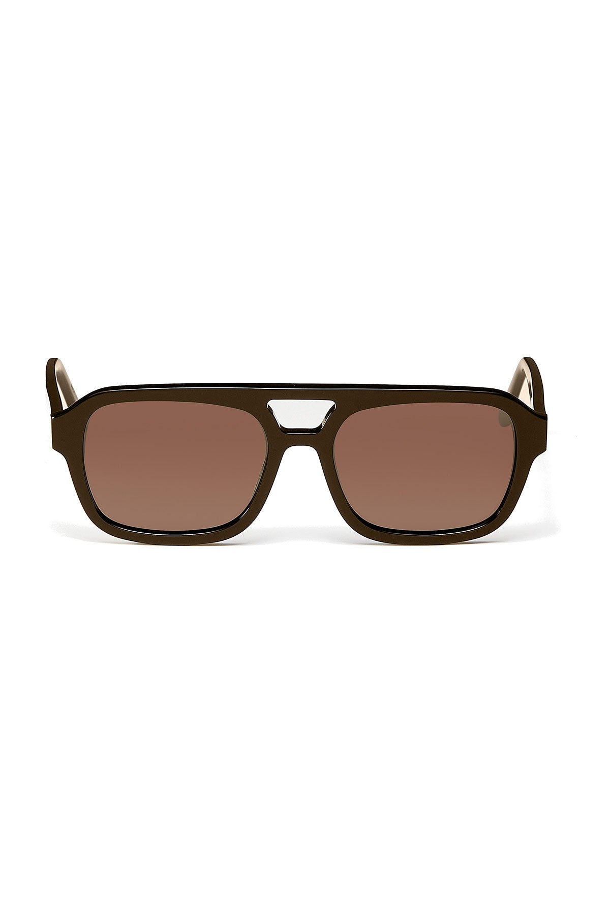 Front view of LATE CHECKOUT SUNGLASSES BY ELEVENTH HOUR by Eleventh Hour—stylish rectangular brown frames, brown tinted lenses, and a small cut-out at the bridge for a premium finish.-39293551280321