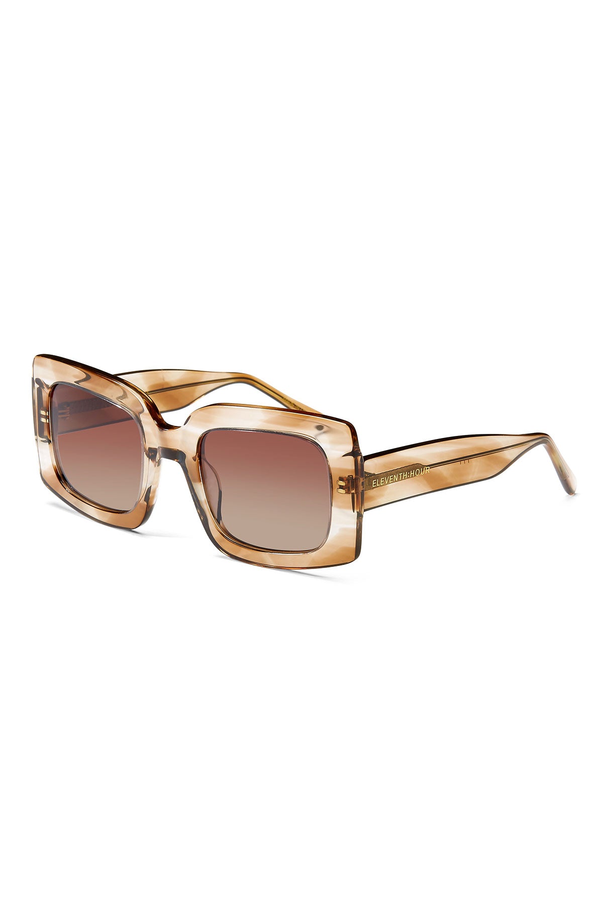 The MINK SUNGLASSES BY ELEVENTH HOUR feature a rectangular shape, thick transparent frames, and gradient brown lenses by Eleventh Hour, displayed on a white background.-39219270156481