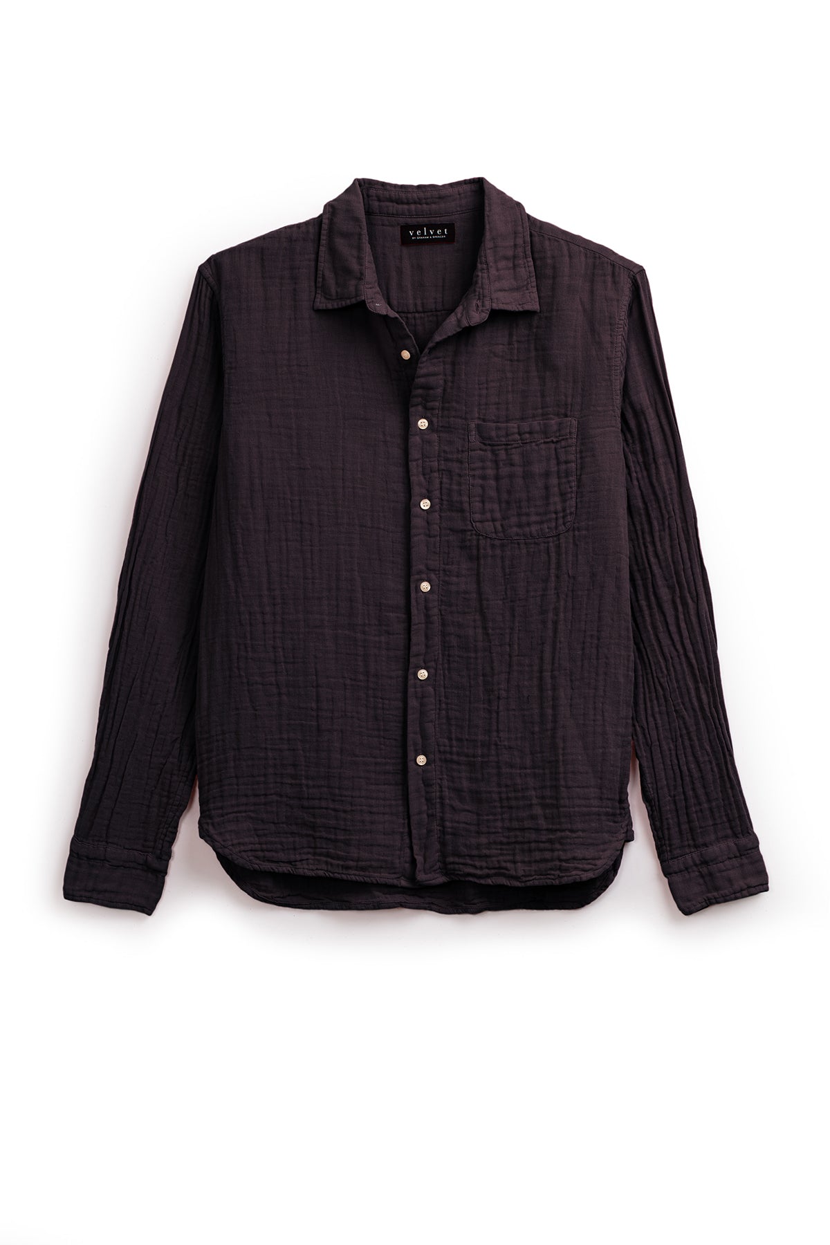 An ELTON BUTTON-UP SHIRT by Velvet by Graham & Spencer hanging on a white background.