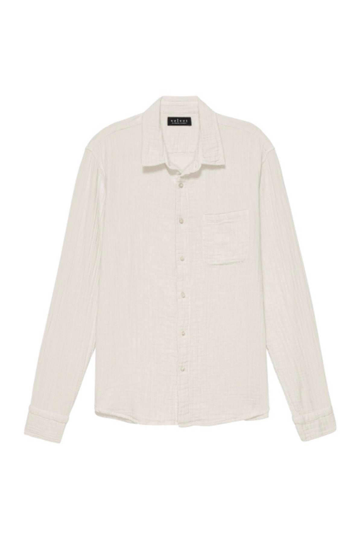   A plain white, long-sleeved Velvet by Graham & Spencer ELTON COTTON GAUZE BUTTON-UP SHIRT with a collar and double button cuff, displayed against a white background. 