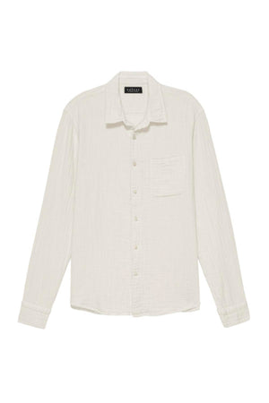 A plain white, long-sleeved Velvet by Graham & Spencer ELTON COTTON GAUZE BUTTON-UP SHIRT with a collar and double button cuff, displayed against a white background.