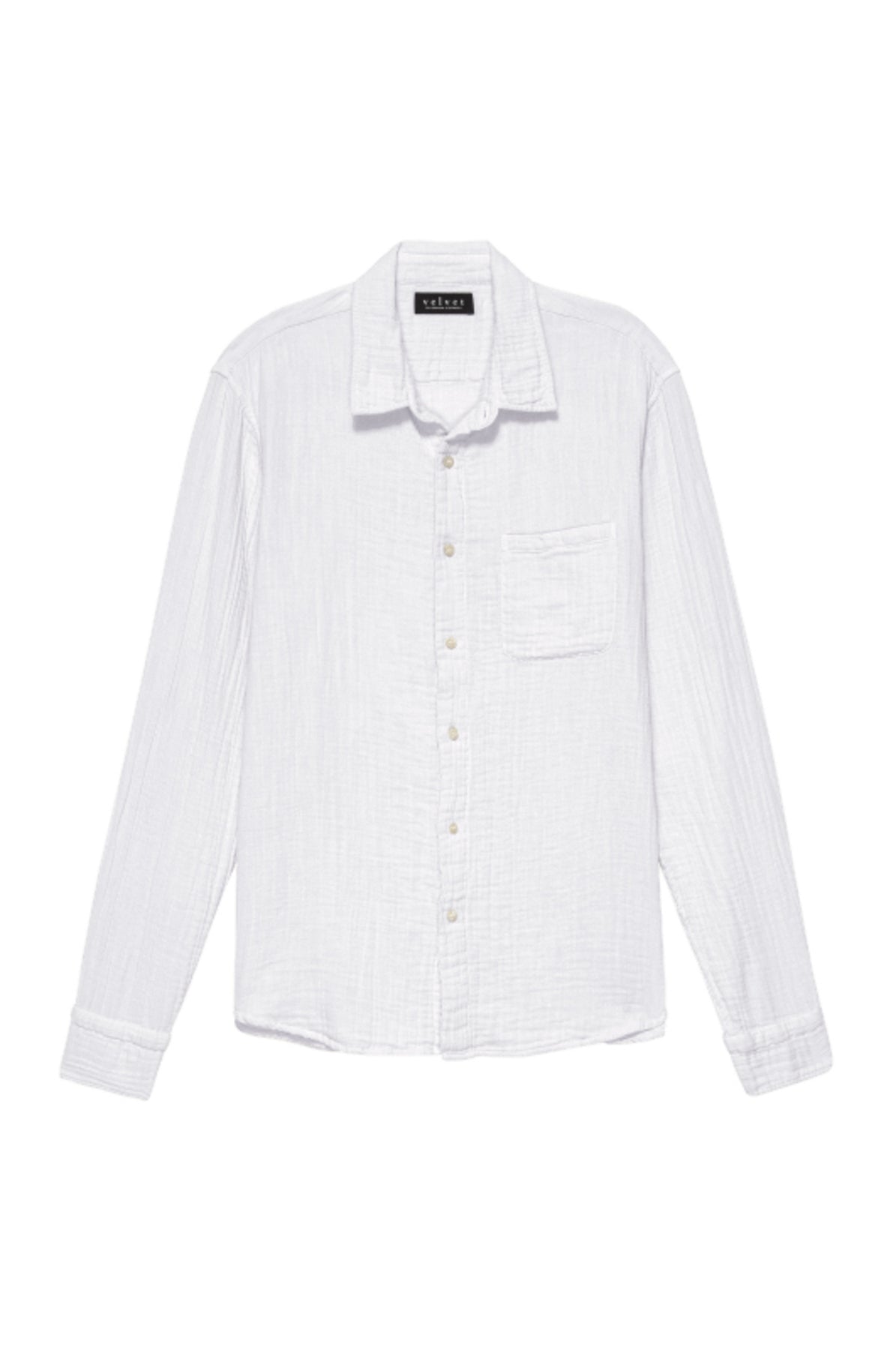 The ELTON COTTON GAUZE BUTTON-UP SHIRT by Velvet by Graham & Spencer is crafted from textured cotton gauze with a single chest pocket and long sleeves, making it a versatile choice for any occasion.