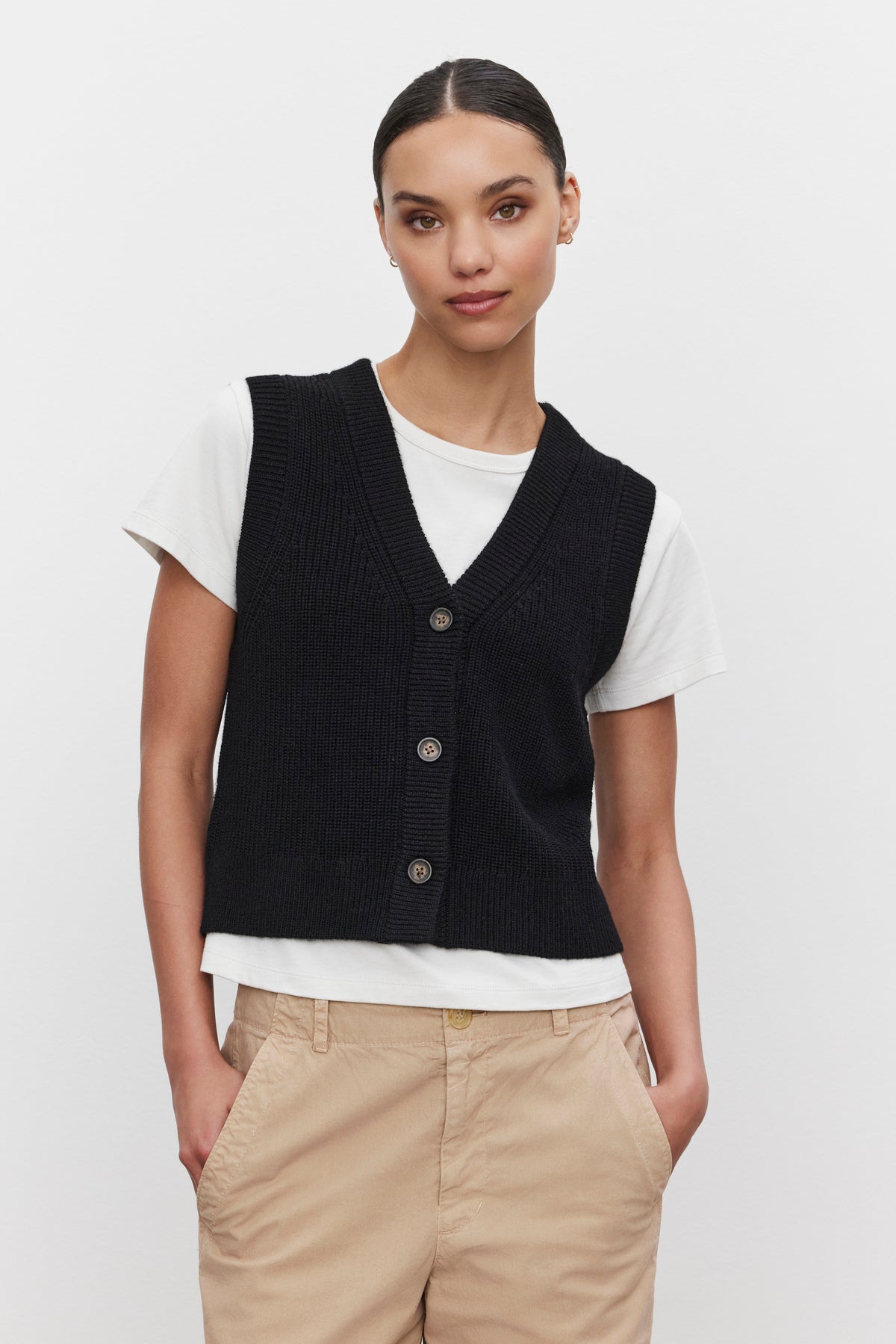 LU ENGINEERED STITCHES WOOL BLEND BUTTON FRONT SWEATER VEST